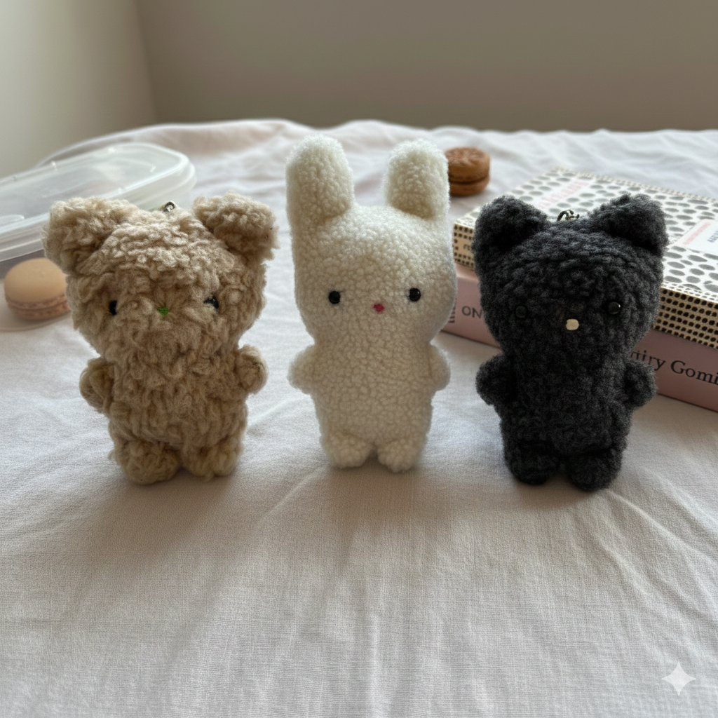 Set of DIY stuffed animal sewing kit (completed project view with a bear, bunny, and cat)